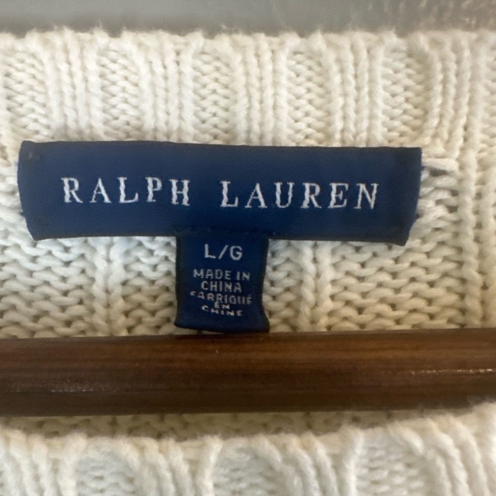Ralph Lauren Cable Knit Sweater Cream Cotton Preppy Classic Logo Quiet Luxury L - Picture 4 of 7